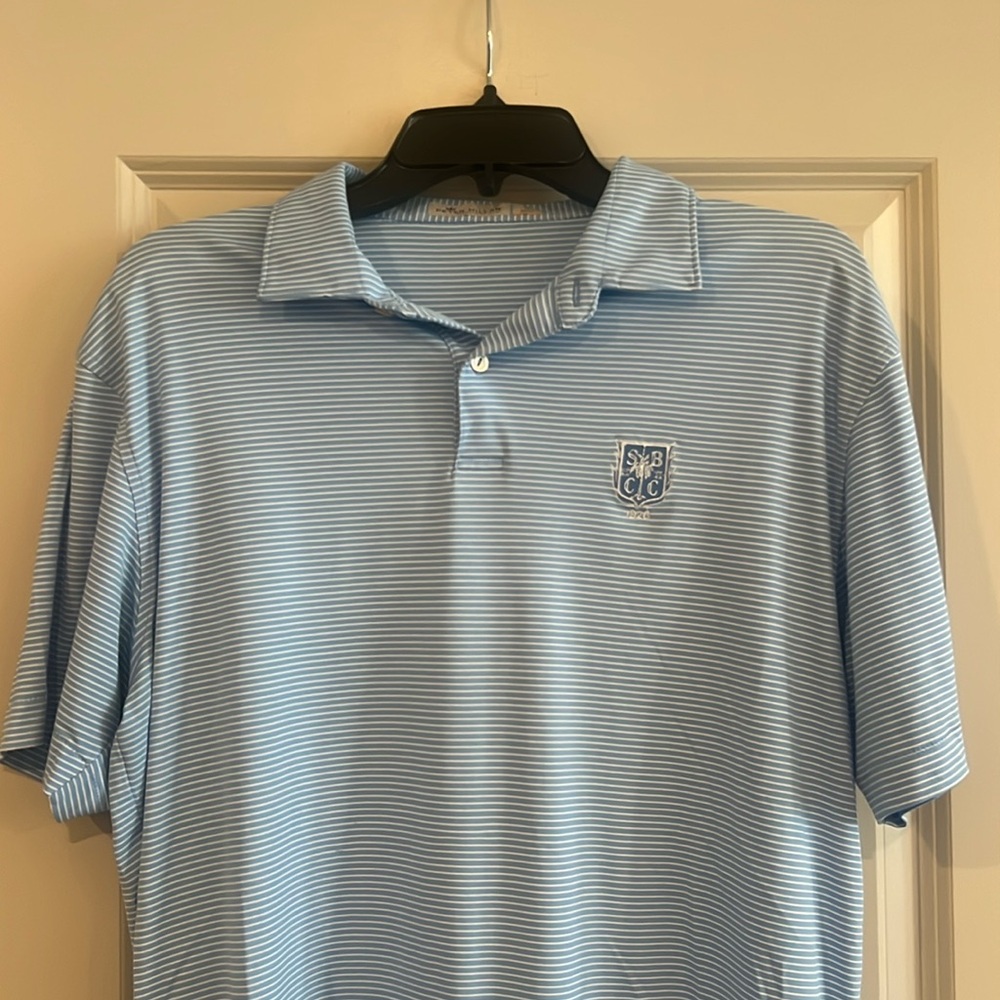 Peter Millar Featherweight Golf Polo Size Medium light blue with white stripes
